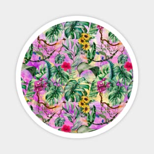 Cute tropical floral leaves botanical illustration, tropical plants,leaves and flowers, pink purple leaves pattern Magnet